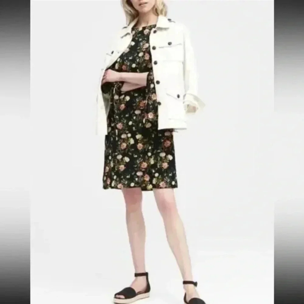 Banana Republic | Black Floral 3/4 Length Tie-Sleeve Shift Dress Size 2
